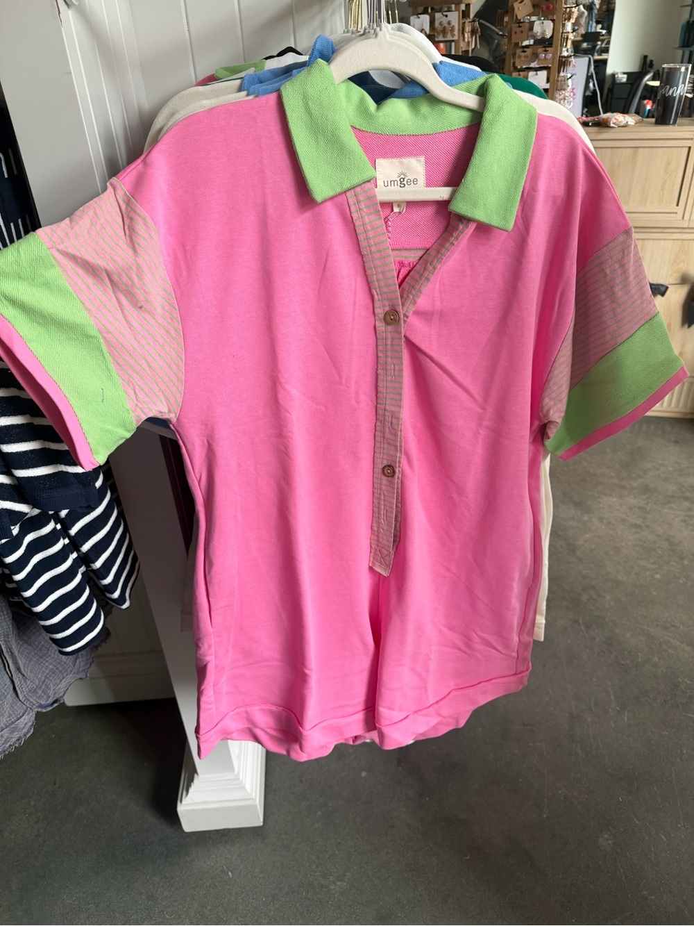 Umgee Pink Jumpsuit with Lime Green Collar and Sleeve Panels
